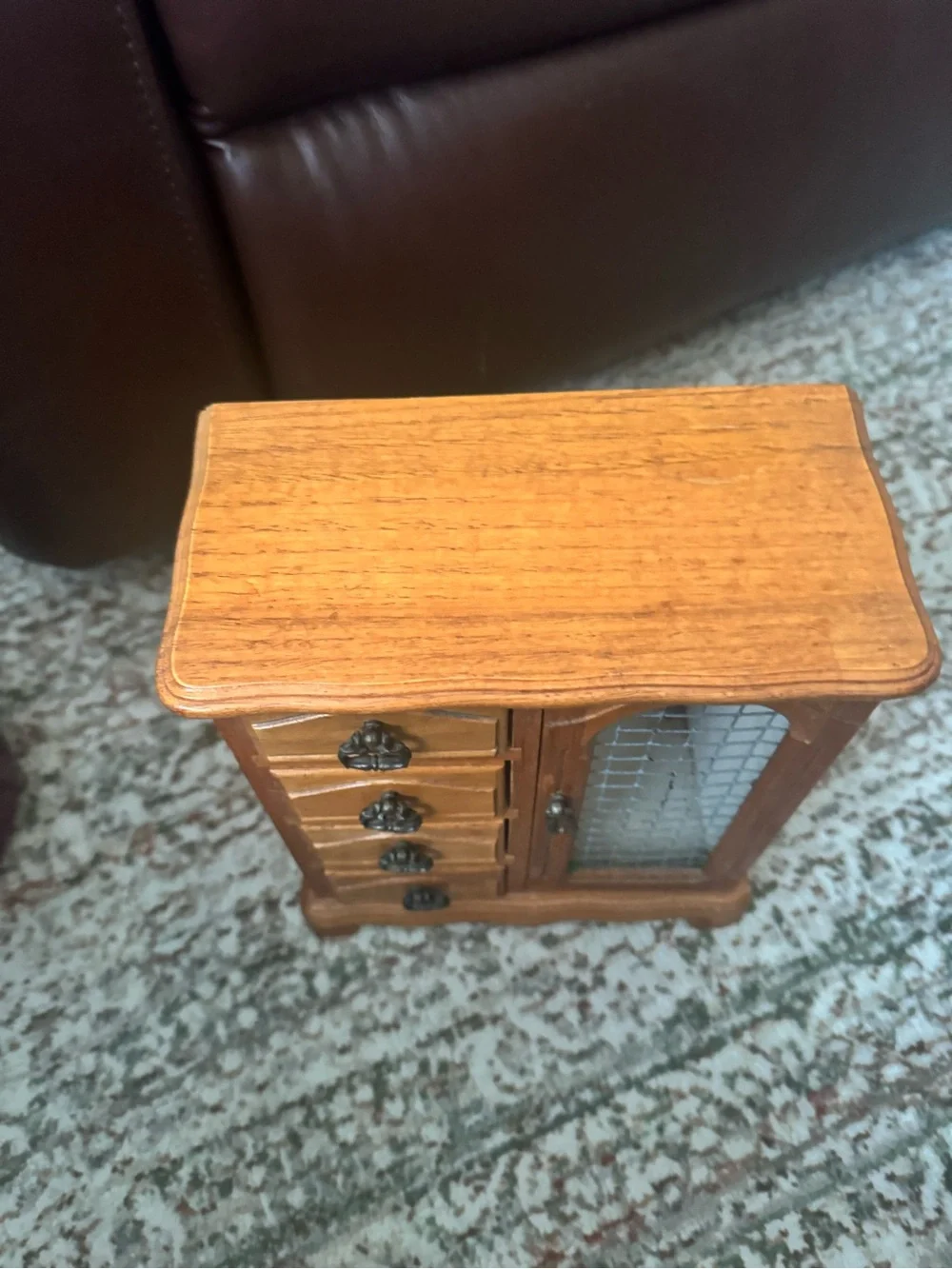 Brown Wooden Jewelry Cabinet with Mirrored Wire-Front Door